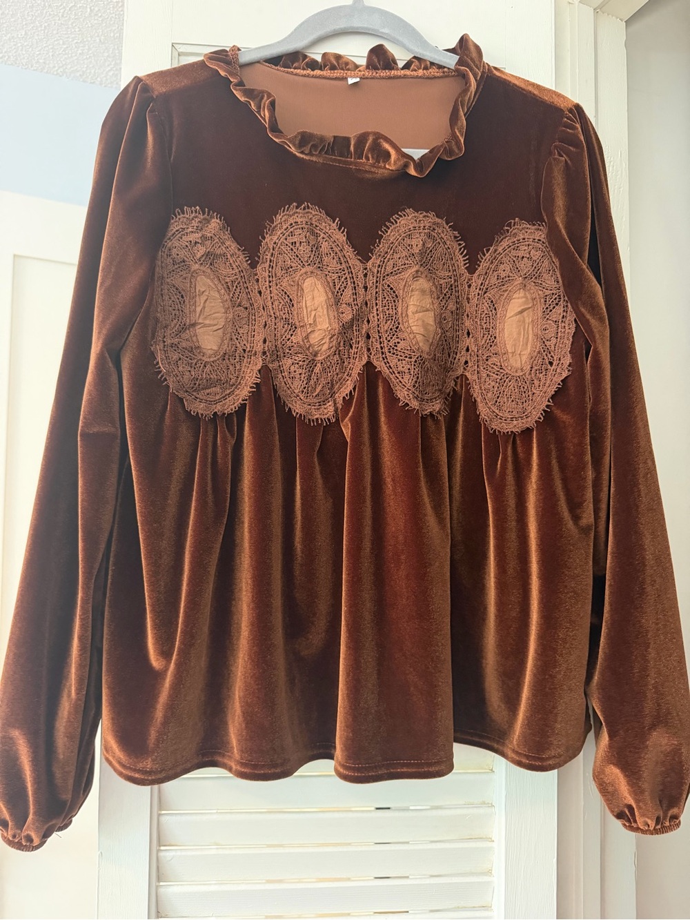 Brown Velvet Ruffle Neck Women's Top